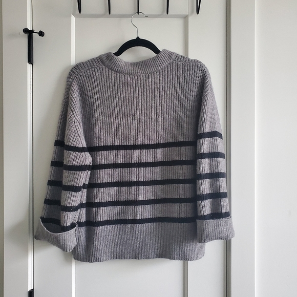 Magaschoni Striped Crew Neck Sweater Fisherman Knit Grey Ribbed Boxy Rel… - Picture 8 of 10